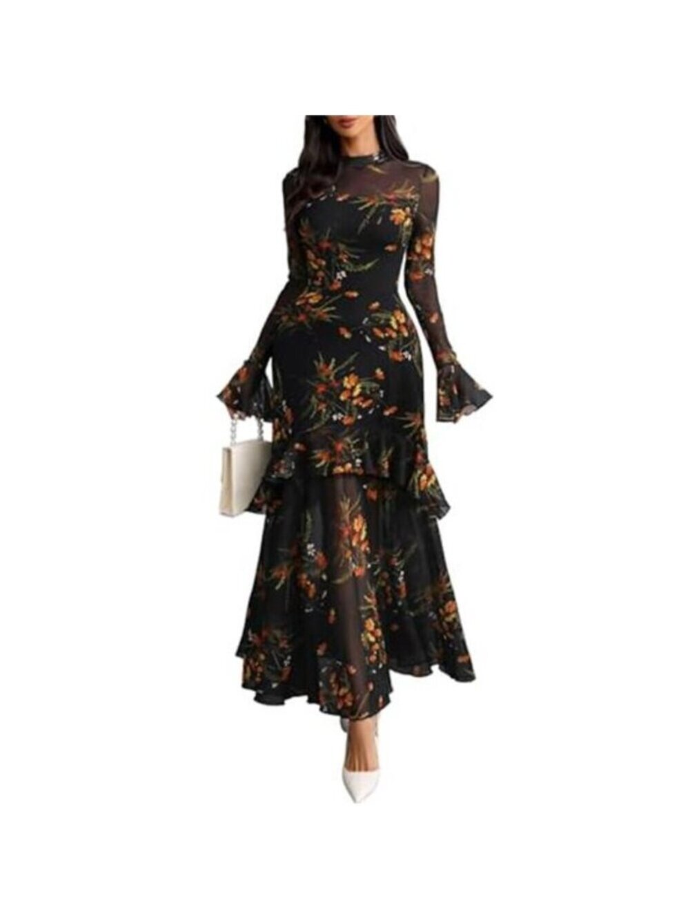 Women's Floral Maxi Dress Sheer Mesh Bell Sleeve Tiered Ruffle Gothic Long Dress